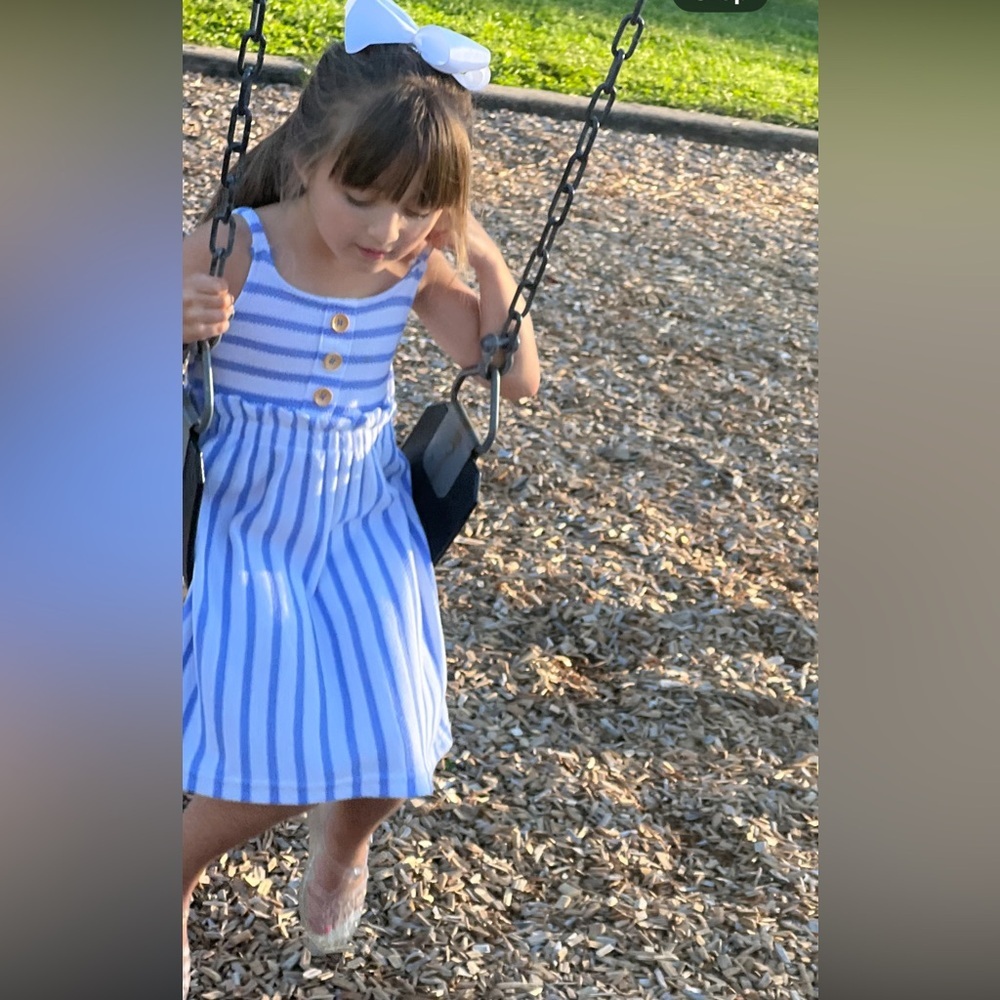 Vince Camuto Kids Dress in Blue and White Stripes with Button Accents | Girls 5 - Picture 7 of 7